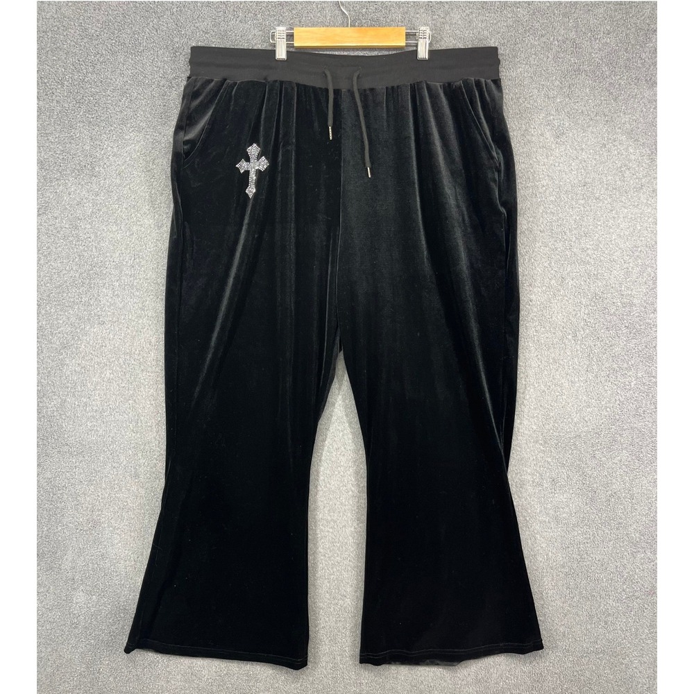 Romwe Velvet Flare Pants Womens 4XL Black Rhinestone Cross Goth Y2K Velour